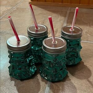 Set of 4 NEW Green Glass Trees Mason Jar Cups with Straws